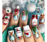 Christmas Press On Nails Snowman False De Beaux Elks Couvertures Complètes Stick Santa Pour Presse De Noël Santa Elk Couverture Complète Stick