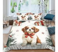 Christmas puppy Housse de Couette 3 pièces Microfibre Hypoallergique Imprimé en 3D Léger Watercolor festive style Linge de Lit avec Fermeture Éclair Confortable for Ado Super king（260x220cm）