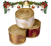 Christmas Ribbon - 180 Inches Wrapping Rope | Packaging Wired Edge - 3 Rolls Satin Ribbon Decorative Tie Streamer | Farmhouse Decor Glittering Golden Pattern - Bow Accessories For Christmas