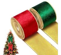 Christmas Ribbon, Christmas Velvet Wired Ribbon | 2 Rolls Reversible Velvet Satin Christmâs Ribbons Set| Party Favors 5 Yards Gold Trim Christmâs Decorative Wrapping Ribbons 2.5in Wide for Wreath Bow