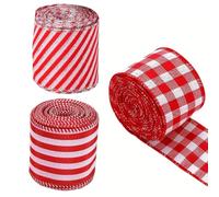 Christmas Ribbon Wired - 3 Rolls Burlap Ribbon for Christmas Trees | Holiday Decoration Stripe Ribbons | Christmâs Wrapping Craft Ribbons, Burlap Strip Decorative Riibbon for Wreath, 15 Yards in Total