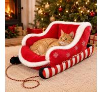 Christmas Sleigh Dog Bed Cat Bed, Festive Insulated Plush Winter Washable Holiday Pet Sofa Nest with Non-Slip Bottom and Puppy Cushion, Comfortable Soft, for Small & Large Pets, Cat, Dog (Red,M)
