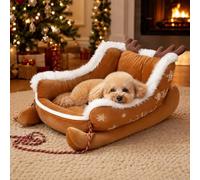 Christmas Sleigh Dog Bed Cat Bed, Festive Insulated Plush Winter Washable Holiday Pet Sofa Nest with Non-Slip Bottom and Puppy Cushion, Comfortable Soft, for Small & Large Pets, Cat, Dog (Yellow,M)