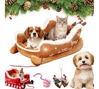 Christmas Sleigh Dog Bed, Christmas Pet Sleigh Beds, Funny Santa Sleigh Dog Warm Beds, Holiday Plush Pet Bed Warm Washable Soft Cat Sofa For Winter Indoor Outdoor (B-Brown, S)
