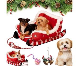 Christmas Sleigh Dog Bed, Christmas Pet Sleigh Beds, Funny Santa Sleigh Dog Warm Beds, Holiday Plush Pet Bed Warm Washable Soft Cat Sofa For Winter Indoor Outdoor (B-Red, M)