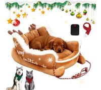 Christmas Sleigh Dog Bed, Santa Pet Bed - Festive Cozy Insulated Nest, Removable & Washable Plush Pet Warm Sofa with Non-Slip Base, Christmas Cat Dog Nest for Winter Indoor Outdoor (Brown,S)