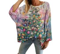 Christmas Sweaters for Women Crochet Knitted Long Sleeve Print Pullover Tops Cozy Embroidery Oversized Sweatshirts