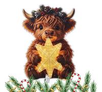 Christmas Tree Topper - Highland Cow Star | Lighted, Handcrafted | Warm Glow Floral Wreath, Green & Red Bow, Lightweight 180g, 30x22cm, for Small Trees, Mantel, Shelf & Farmhouse