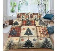 Christmas-trees Housse de Couette Hypoallergique 3 pièces Imprimé en 3D Confortable Vintage-wooden-style Linge de Lit avec 2 Taies d'oreiller Super Douce for Adulte Enfants Filles Single（140x200cm）