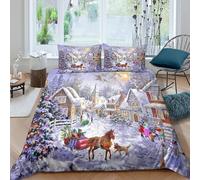 Christmas village Parure de Lit Microfibre 3 Pièces Imprimé en 3D Facile d'entretien Festive hiver scène Housse de Couette avec Taie d'oreiller Hypoallergique for Adultes Enfants King（220x240cm）