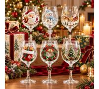 Christmas Wine Glass Gift Box Set, 2D Peinte Ensemble De Verres | Coffret De Verres À Vin De Noël 2D Peints, 6 Motifs De Saison Et Bases Flocon, Pour Vos Repas En Fête