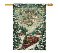 Christmas Wonderland Drapeau maison train à vapeur 71,1 x 101,6 cm | Paysage d'hiver, drapeau de cour, illustration de train vintage, décoration de porche saisonnière, panneau extérieur festif
