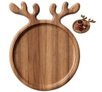 Christmas Wooden Serving Tray with Reindeer Design - Round Decorative Dessert and Appetizer Plate with Handle, Holiday Table Display Plate for Cookies, Sushi, and Kitchen Use