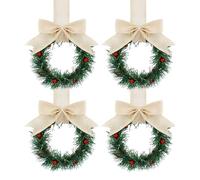 Christmas Wreaths for Front Door, 4-Piece Welcome Hanger Set with Red Berry Bow, Festive Tree Decorations for Indoor Outdoor Home, Kitchen, Living Room and Bedroom