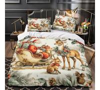 ChristmasSantaSleigh Housse de Couette 3D Imprimée Microfibre 3 Pièces 2 Taies Douce FestiveIllustration Linge de Lit Hypoallergique Entretien Facile for Enfants Garçons Ado Single（140x200cm）