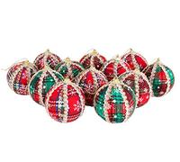 christmasshop Lot de 12 Boules de Noël de Tartan Rouge avec décoration crème et Noire