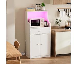 ChromaCasa Armoire de cuisine avec LED RVB & 2AC/2 USB - Armoire haute vitrine avec étagères réglables, buffet avec 2 portes et 1 tiroir pour salon, cuisine (60 x 40 x 123 cm, blanc)