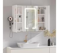 ChromaCasa Armoire de salle de bain avec miroir, 3 couleurs, intensité variable et prises 2AC/3USB, déshumidification en 1 clic et fonction mémoire pour salle de bain (80 x 60 x 16 cm, blanc)