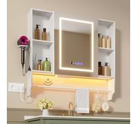 ChromaCasa Armoire Murale Salle de Bain avec 3 Couleurs Miroir LED & 2 AC et 3 USB, Fonction DéShumidification et MéMoire,Meuble Salle De Bain Rangement avec éTagèRe RéGlable(90x80x16cm, Blanc)