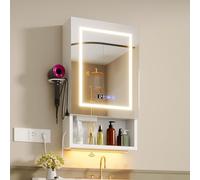 ChromaCasa Armoire Salle De Bain avec 3 Couleurs Miroir LED & 2 AC et 3 USB, Fonction DéShumidification et MéMoire,Meuble Salle De Bain Rangement avec éTagèRe RéGlable & Rangement (47x16x80cm, Blanc)