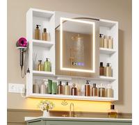 ChromaCasa Armoire Salle De Bain avec 3 Couleurs Miroir LED & 2 AC et 3 USB, Fonction DéShumidification et MéMoire,Meuble Salle De Bain Rangement avec éTagèRe RéGlable & Rangement (90x80x16cm, Blanc)