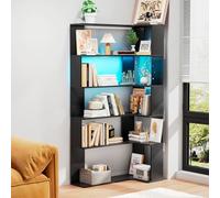 ChromaCasa Bibliothèque à 5 Étages avec Éclairage LED, Étagère d'angle en Forme de L Etagere Angle Peu Encombrante pour Salon Bureau, Hauteur Réglable, Compartiments Ouverts, Moderne Noir