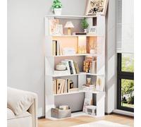 ChromaCasa Bibliothèque à 5 Étages avec Éclairage LED, Étagère d'angle en Forme de L Etagere Angle Peu Encombrante pour Salon Bureau, Hauteur Réglable, Compartiments Ouverts, Moderne Blanc