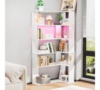 ChromaCasa Bibliothèque Angle Rangement à 5 Étages avec Éclairage LED, Étagère d'angle en Forme de L Peu Encombrante, Meuble d'angle pour Chambre Salon Bureau, Compartiments Ouverts, Moderne Blanc