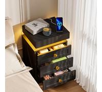 ChromaCasa Table de Chevet avec Prise Électrique, 2AC 2USB Table de Nuit Bois avec Bluetooth RGB Éclairage LED, 3 Tiroirs et Couvercle Coulissant, pour Chambre à Coucher ou Salon, Noir 35 * 40 * 61cm