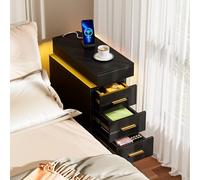 ChromaCasa Table de Chevet Étroite, Table de Nuit Étroite Bois avec 1 AC 2 USB et Bluetooth, Table d’Appoint avec 3 Tiroirs et LED Éclairage RGB, 4 Pieds Réglables pour Salon Bureau, Noir 25cm