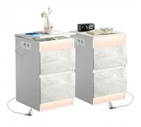 ChromaCasa Table de Chevet Lot de 2 avec Prise Électrique, Table de Nuit Bois LED RGB avec 2 Tiroirs Brillants et Couvercle Rabattable, 2 AC 2 USB, pour Chambre à Coucher Salon, Blanc 35cm Large