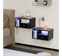 ChromaCasa Table de Chevet Lot de 2 Suspendue avec LED RGB,2 Prises Secteur et 2 Ports USB & 2 Niveaux,Table de Nuit Lot de 2 Suspendue avec Un 1 Tiroir,46.5x30x25.5 cm,Convient pour la Chambre(Noir)
