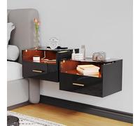 ChromaCasa Table de Chevet Lot de 2 Suspendue avec LED RGB, 2 Prises Secteur et 2 Ports USB & 2 Niveaux,Table de Nuit Lot de 2 Suspendue avec Un 1 Tiroir,42 x 30 x 26cm,Convient pour la Chambre(Noir)