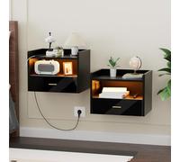 ChromaCasa Table de Chevet Lot de 2 Suspendue avec LED RGB et 1 Prise Secteur/2 Ports USB, Table de Nuit Suspendue avec 1 Tiroir et 2 étagères Ouvertes, 40 x 30 x 30 cm, Convient aux Chambres (Noir)