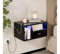 ChromaCasa Table de chevet murale avec LED et station de charge - Table de chevet flottante avec 1 tiroir et 2 compartiments ouverts, prise 1 AC/2 USB, meuble pour petite chambre (1, noir)