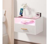 ChromaCasa Table de chevet murale éclairée, table de chevet à 3 niveaux avec un tiroir, plateau en verre trempé, 2 ports AC/2 USB, en bois avec station de charge pour chambre à coucher (1, blanc)