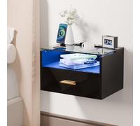 ChromaCasa Table de chevet murale éclairée, table de chevet à 3 niveaux avec un tiroir, plateau en verre trempé, 2 ports AC/2 USB, en bois avec station de charge pour chambre à coucher (1, noir)