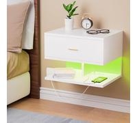 ChromaCasa Table de chevet murale LED et station de charge - Table flottante 1 tiroir 2 compartiments ouverts 1 AC/2 USB petite chambre (blanc)