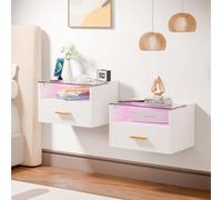 ChromaCasa Table de chevet murale lumineuse à 3 niveaux avec un tiroir, plateau en verre trempé, 2 ports AC/2 USB, en bois avec station de charge pour chambre à coucher (2, blanc)