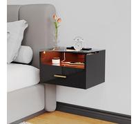 ChromaCasa Table de Chevet Suspendue avec LED RGB, 2 Prises Secteur et 2 Ports USB, 2 Niveaux, avec Un Tiroir et Un Plateau en Verre Trempé,42 x 30 x 26 cm,Convient pour la Chambre et Le Salon(Noir)