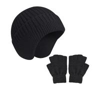 CHROMACRAFT 1 bonnet tricoté avec 1 gant demi-doigt, bonnet chaud de protection auditive, portable, bonnet de sport de plein air chaud (noir), Noir , taille unique