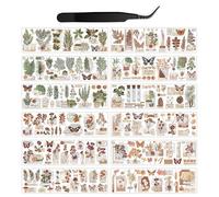 CHROMACRAFT 24 Autocollants De Plantes Vintage, Multicolores, Sur Papier Japonais, Pour Scrapbooking Et Bricolage, Avec Pince À Épiler En Acier Inoxydable Noir