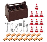 CHROMACRAFT 6 Outils en Métal, 1 Boîte en Bois, 15 Briques Et 10 Cônes De Signalisation, Accessoires pour Maison De Poupée, Mini Modèles, Jouets pour Enfants, Micro Paysage DIY.