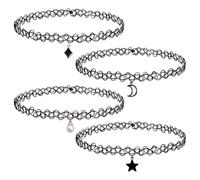 CHROMACRAFT Ras De Cou pour Femmes 4Pcs, Collier en Dentelle, Collier Rétractable Élastique, Collier Gothique Noir, Collier Pendentif, Collier Cadeau pour Femmes