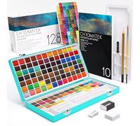 CHROMATEK Kit de peinture aquarelle, 128 couleurs vives dans une boîte portable, avec tampon, pinceaux et tout ce dont vous avez besoin pour commencer à peindre, kit de voyage