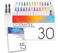 CHROMATEK Lot de 30 stylos pinceaux Aquarelle 15 Pages et tutoriel vidéo en Ligne avec Pointe Pinceau. Couleurs Vives. Lisse. Blendable. Qualité Professionnelle. 27 Couleurs, 3 stylos Aqua