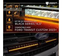 CHROMEMASTER | Deux Lampes LED Intégrées dans la Calandre Compatibles avec Ford Transit Custom 2023+ ; 2X Feux de Jour Barre LED Black Series 14,5", Homologation E, 12-24V DC ; 3 Modes d’Éclairage
