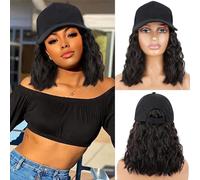 CHRSHN Perruque de chapeau pour femme, perruque de casquette de baseball ondulée courte avec extensions de cheveux synthétiques bouclés, perruque de chapeau de baseball noir marron réglable