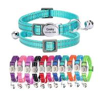 CHRYMPETIC Collier personnalisé en nylon pour chat avec nom, gravure au laser, bande réfléchissante, clochette, boucle à dégagement rapide pour chatons et chats - Laisse assortie disponible (cyan)
