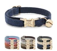 CHRYMPETIC Collier personnalisé en polyester pour chat avec nom et numéro de téléphone, collier personnalisable avec clochette et boucle à dégagement rapide en métal pour chat (bleu foncé)